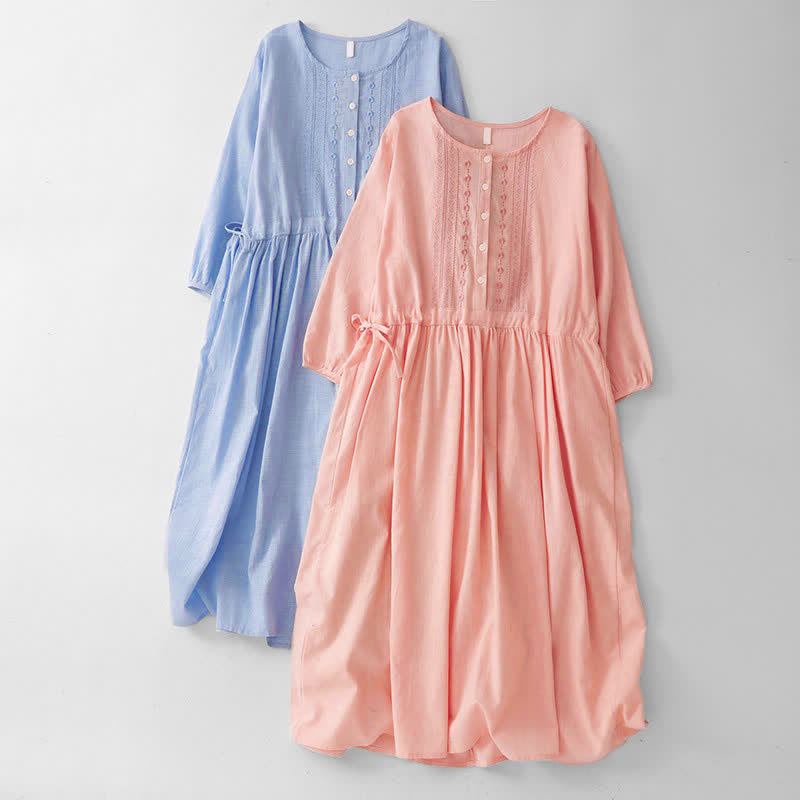 Buddha Stones Robe printemps-été décontractée vintage à boutons et cordon de serrage, col rond, manches trois-quarts, pour femme - image 0
