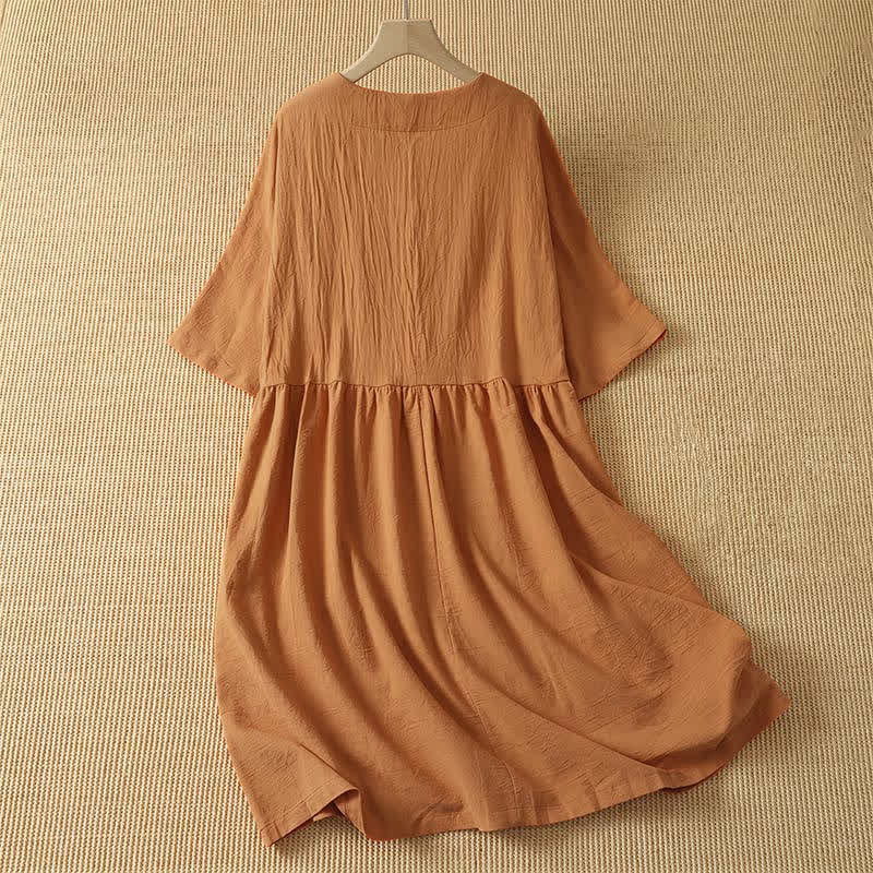 Buddha Stones Robe d'été minimaliste orange unie à col rond et manches courtes pour femme - image 1