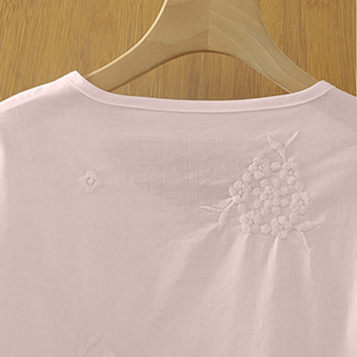 Buddha Stones Robe d'été décontractée à broderies florales, col rond, manches trois-quarts et poches pour femme - image 9
