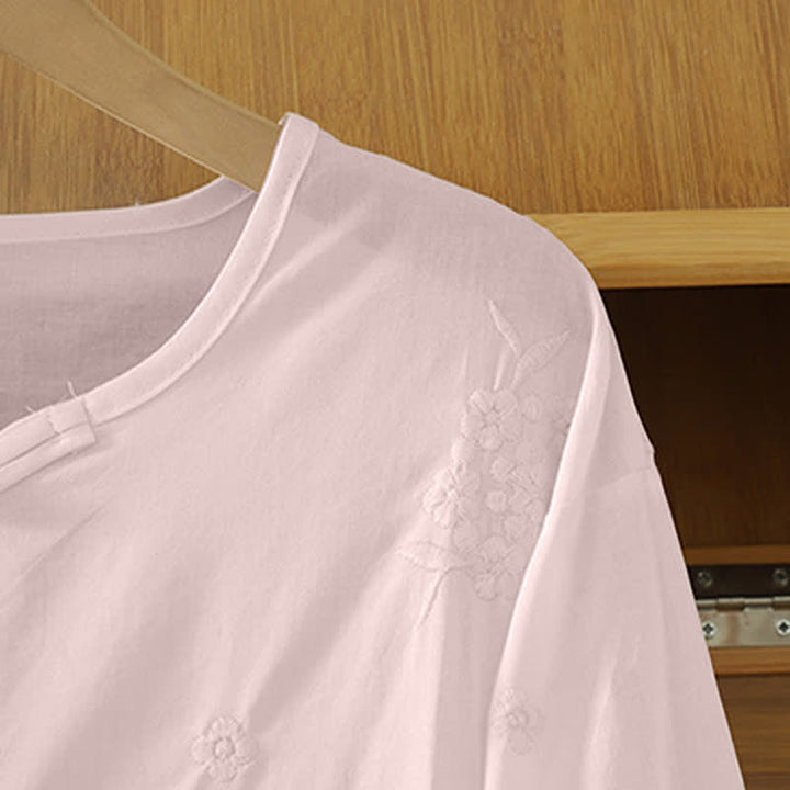 Buddha Stones Robe d'été décontractée à broderies florales, col rond, manches trois-quarts et poches pour femme - image 11