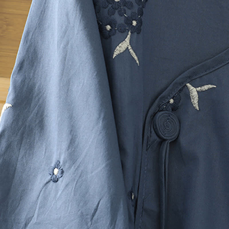 Buddha Stones Robe d'été décontractée à broderies florales, col rond, manches trois-quarts et poches pour femme - image 3
