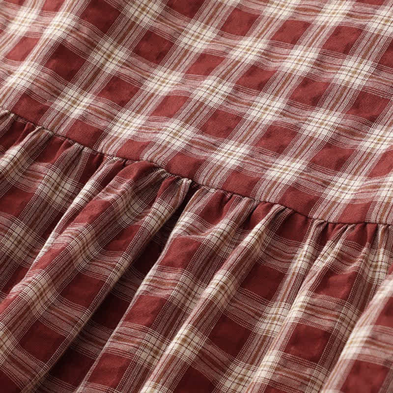 Buddha Stones Robe d'automne décontractée vintage à carreaux rouges, manches longues et volants, avec poche, boutonnée et boutonnée. - image 5
