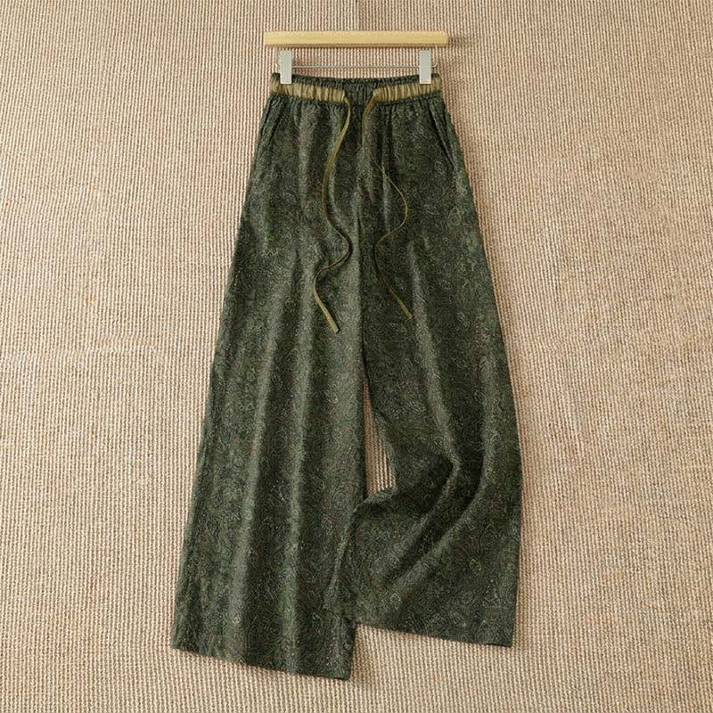 Buddha Stones Pantalon long vert à cordon de serrage et imprimé abstrait, style bohème printemps-été, avec poches - Vert olive foncé - US8-10, UK/AU12-14, EU40-42 (2XL) - image 0