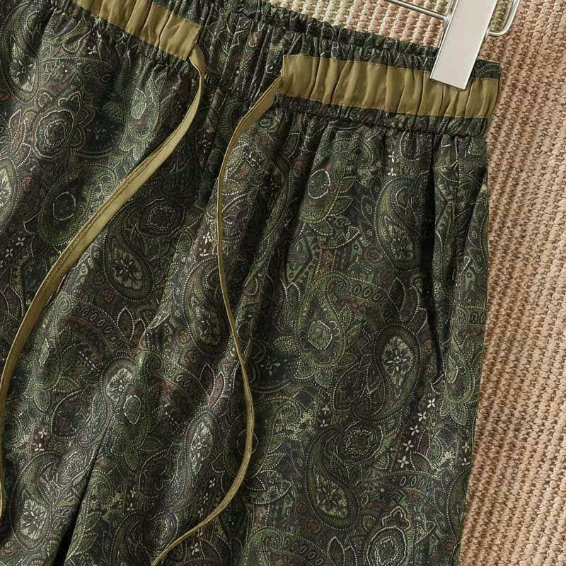 Buddha Stones Pantalon long vert à cordon de serrage et imprimé abstrait, style bohème printemps-été, avec poches - image 5