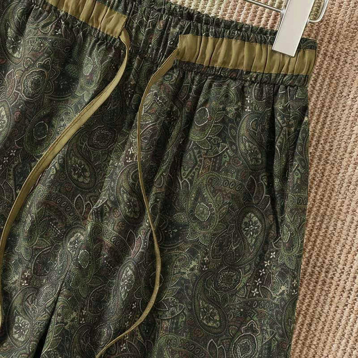 Buddha Stones Pantalon long vert à cordon de serrage et imprimé abstrait, style bohème printemps-été, avec poches - image 5