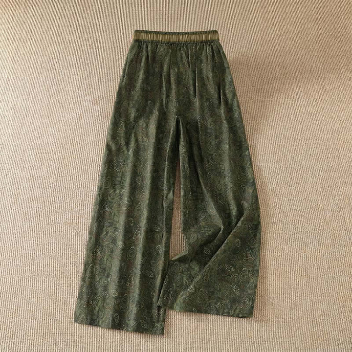 Buddha Stones Pantalon long vert à cordon de serrage et imprimé abstrait, style bohème printemps-été, avec poches - image 1