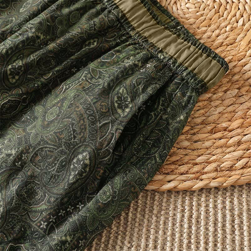 Buddha Stones Pantalon long vert à cordon de serrage et imprimé abstrait, style bohème printemps-été, avec poches - image 6