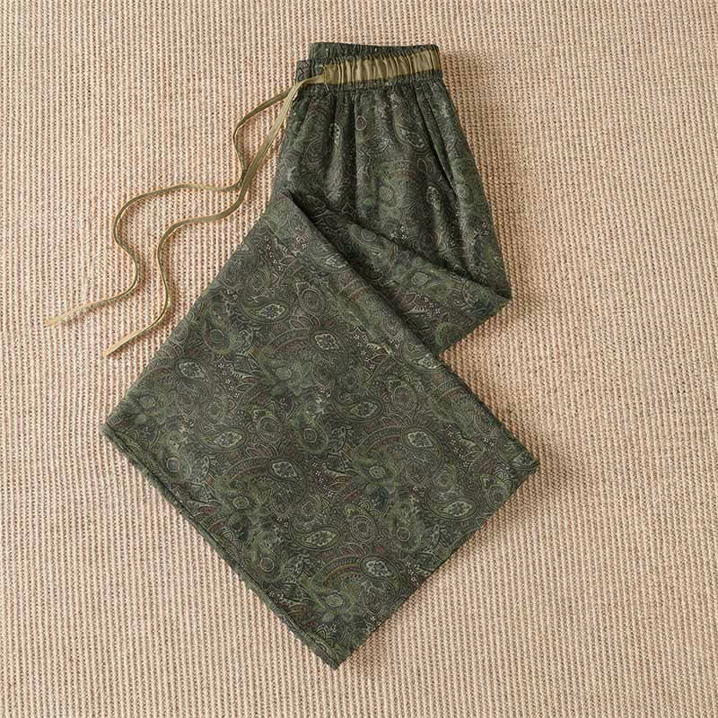 Buddha Stones Pantalon long vert à cordon de serrage et imprimé abstrait, style bohème printemps-été, avec poches - image 2