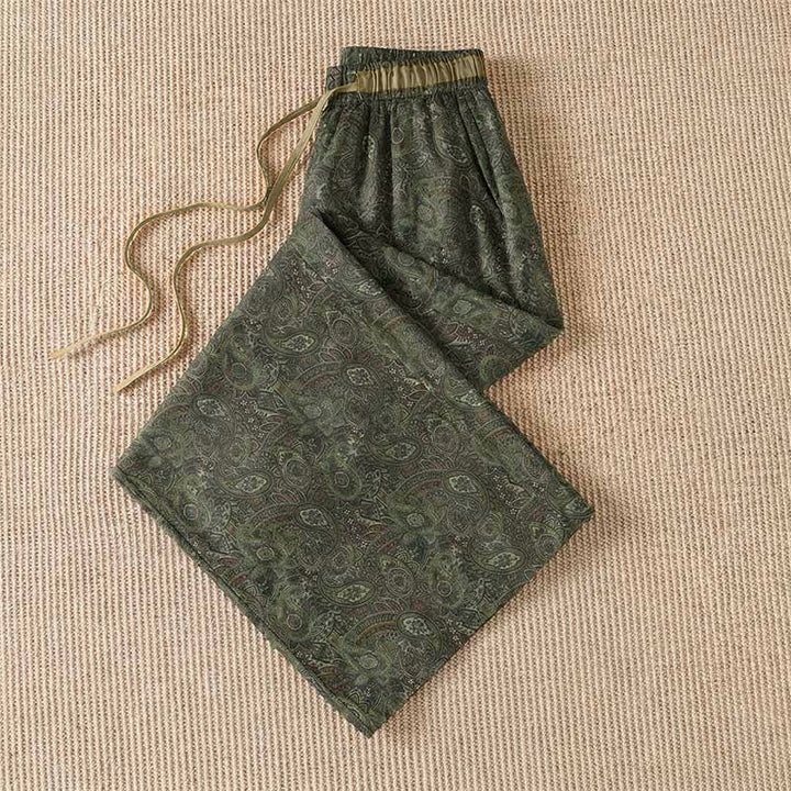 Buddha Stones Pantalon long vert à cordon de serrage et imprimé abstrait, style bohème printemps-été, avec poches - image 2