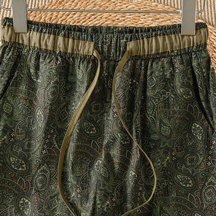 Buddha Stones Pantalon long vert à cordon de serrage et imprimé abstrait, style bohème printemps-été, avec poches - image 3