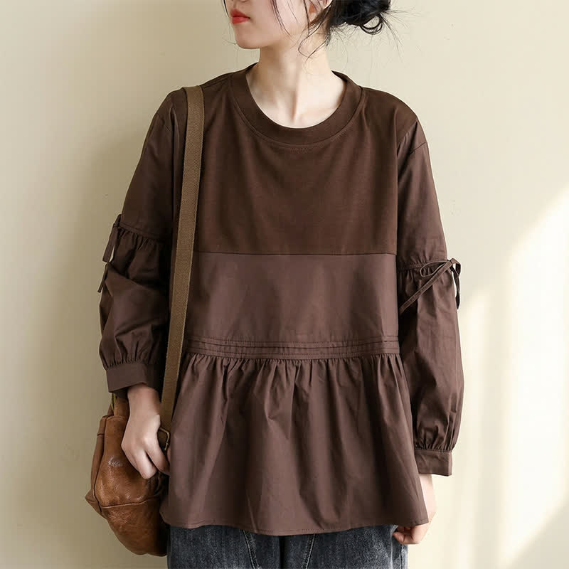 Buddha Stones T-shirt à manches longues pour femme, style vintage décontracté, col rond, ourlet péplum et cordon de serrage, couleur unie, idéal pour le printemps et l'automne. - image 1