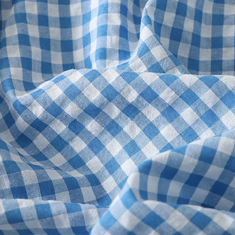 Buddha Stones Robe printemps décontractée vintage à carreaux bleu clair, col rond, manches longues et poches. - image 12