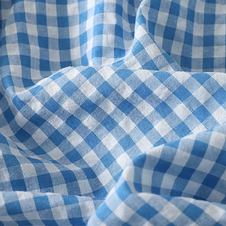 Buddha Stones Robe printemps décontractée vintage à carreaux bleu clair, col rond, manches longues et poches. - image 12