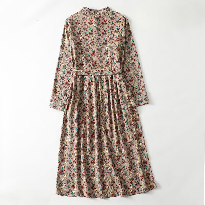 Buddha Stones Robe longue à manches longues boutonnée, élégante et vintage, à imprimé floral, avec poches, idéale pour le printemps et l'été. - image 1