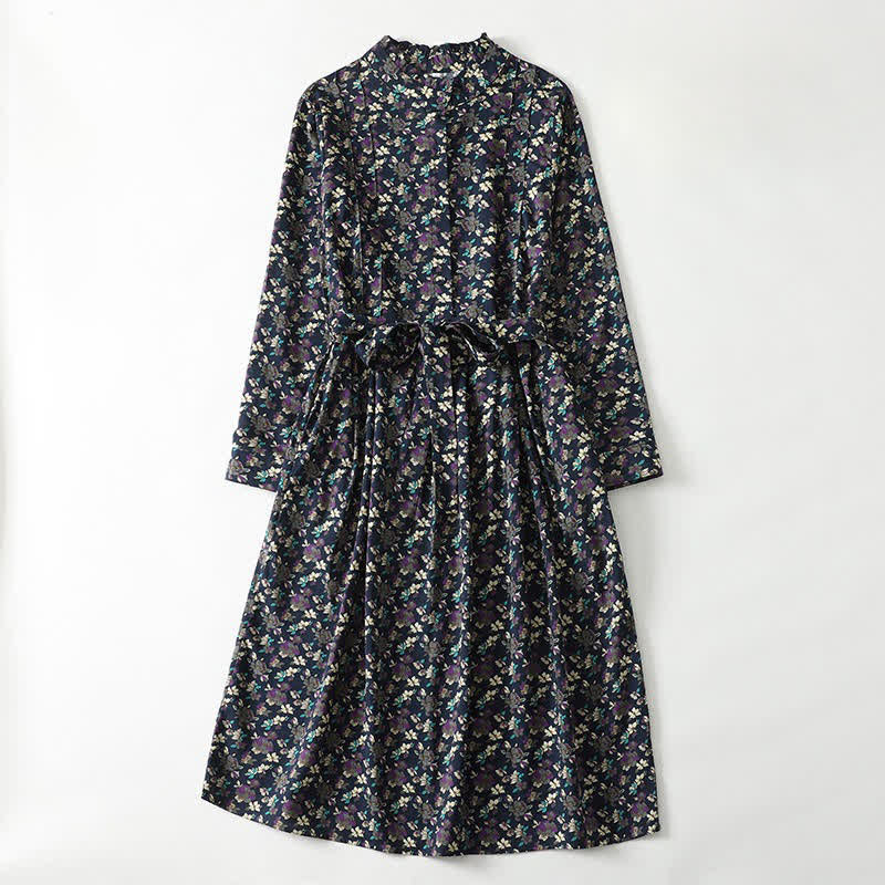Buddha Stones Robe longue à manches longues boutonnée, élégante et vintage, à imprimé floral, avec poches, idéale pour le printemps et l'été. - Marine - US8-10, UK/AU12-14, EU40-42 (2XL) - image 11