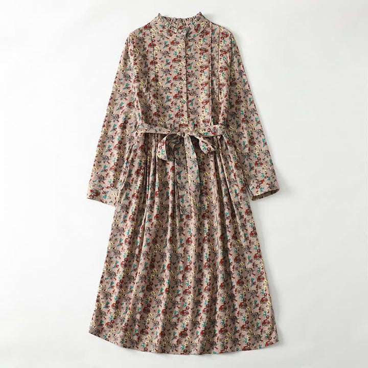 Buddha Stones Robe longue à manches longues boutonnée, élégante et vintage, à imprimé floral, avec poches, idéale pour le printemps et l'été. - BurlyWood - US8-10, UK/AU12-14, EU40-42 (2XL) - image 0