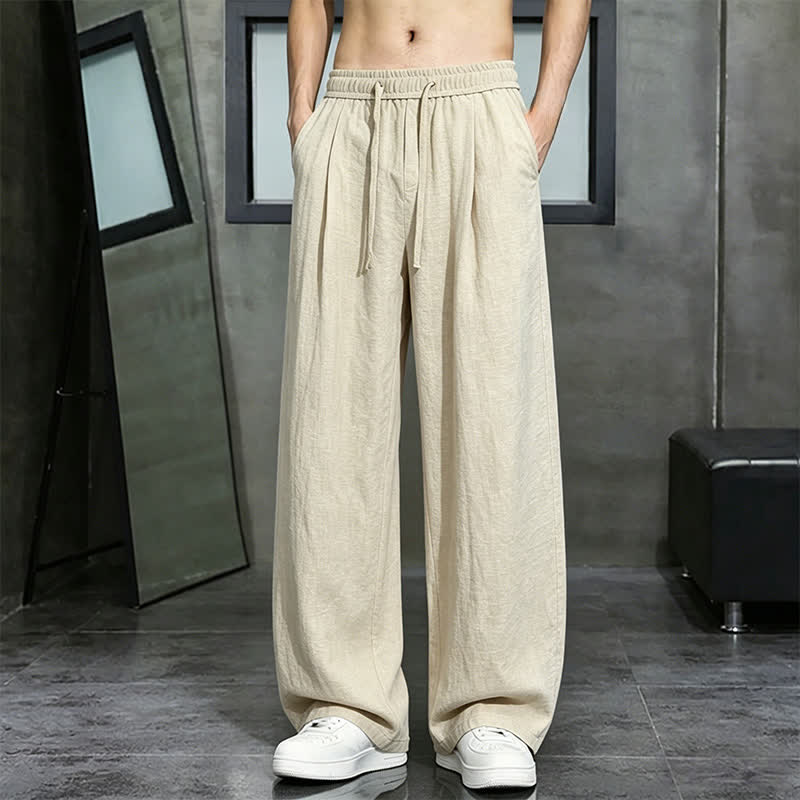 Buddha Stones Pantalon long uni décontracté printemps-été à cordon de serrage, coupe droite, avec poches - Blé - US/UK/AU46, EU56 (5XL) - image 0