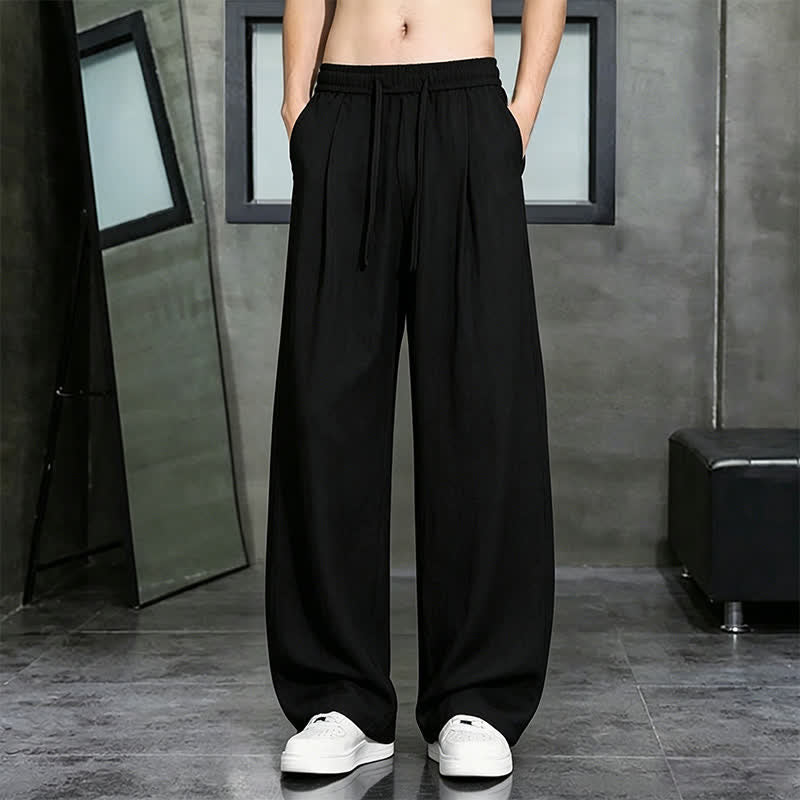 Buddha Stones Pantalon long uni décontracté printemps-été à cordon de serrage, coupe droite, avec poches - Noir - US/UK/AU46, EU56 (5XL) - image 8