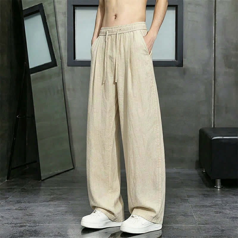Buddha Stones Pantalon long uni décontracté printemps-été à cordon de serrage, coupe droite, avec poches - image 1
