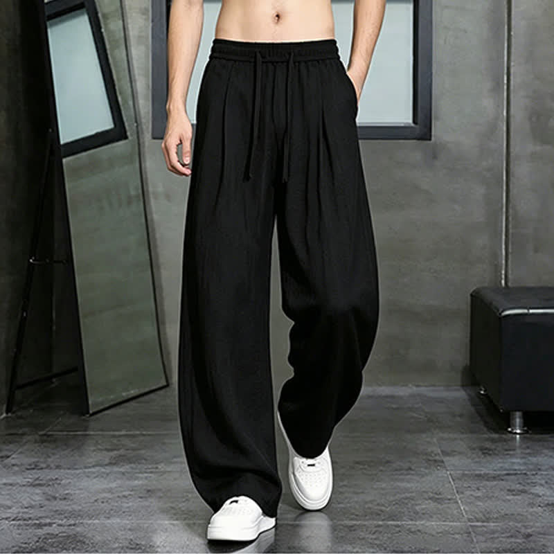 Buddha Stones Pantalon long uni décontracté printemps-été à cordon de serrage, coupe droite, avec poches - image 9