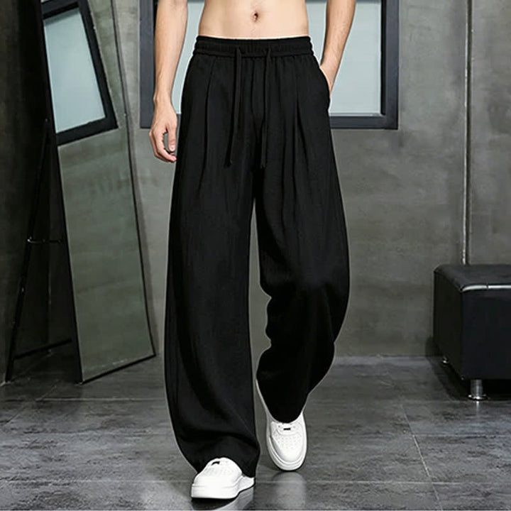 Buddha Stones Pantalon long uni décontracté printemps-été à cordon de serrage, coupe droite, avec poches - image 9