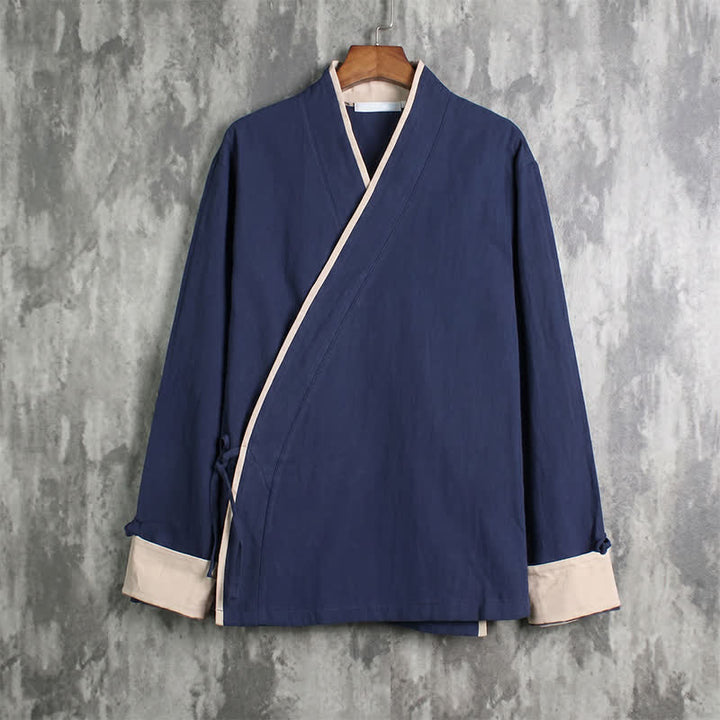 Buddha Stones Kimono homme uni style Tang, coupe décontractée, printemps-automne, cordon de serrage et finitions contrastées - Marine - US/UK/AU46, EU56 (5XL) - image 10