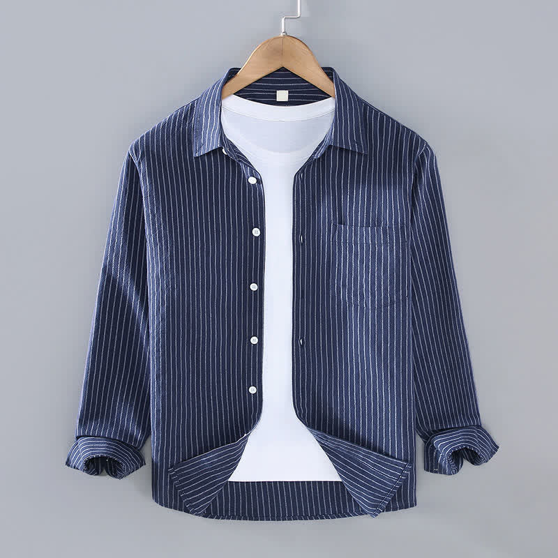 Buddha Stones Chemises à manches longues pour homme, style minimaliste décontracté, à rayures verticales et poches plaquées, idéales pour le printemps et l'automne. - Marine - US/UK/AU42, EU52 (3XL) - image 11