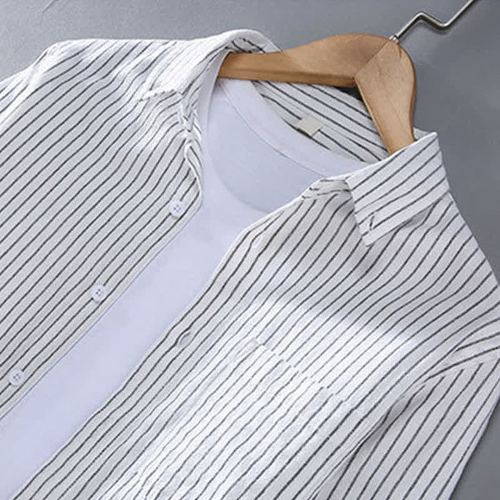 Buddha Stones Chemises à manches longues pour homme, style minimaliste décontracté, à rayures verticales et poches plaquées, idéales pour le printemps et l'automne. - image 2
