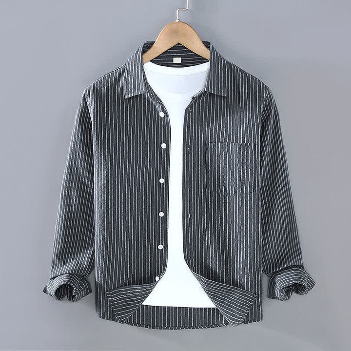 Buddha Stones Chemises à manches longues pour homme, style minimaliste décontracté, à rayures verticales et poches plaquées, idéales pour le printemps et l'automne. - Gris sombre - US/UK/AU42, EU52 (3XL) - image 12