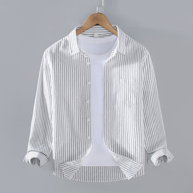 Buddha Stones Chemises à manches longues pour homme, style minimaliste décontracté, à rayures verticales et poches plaquées, idéales pour le printemps et l'automne. - Blanc - US/UK/AU42, EU52 (3XL) - image 0