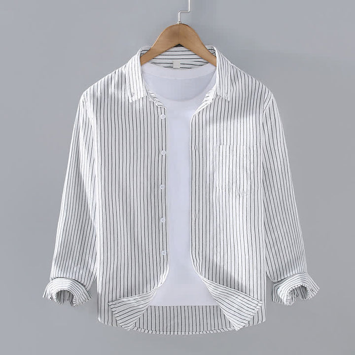 Buddha Stones Chemises à manches longues pour homme, style minimaliste décontracté, à rayures verticales et poches plaquées, idéales pour le printemps et l'automne. - Blanc - US/UK/AU42, EU52 (3XL) - image 0