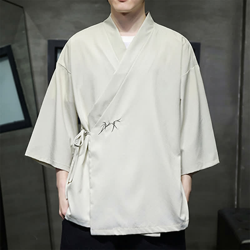 Buddha Stones Kimono d'été minimaliste à cordon de serrage en bambou uni, manches trois-quarts, style Tang, pour homme - image 1