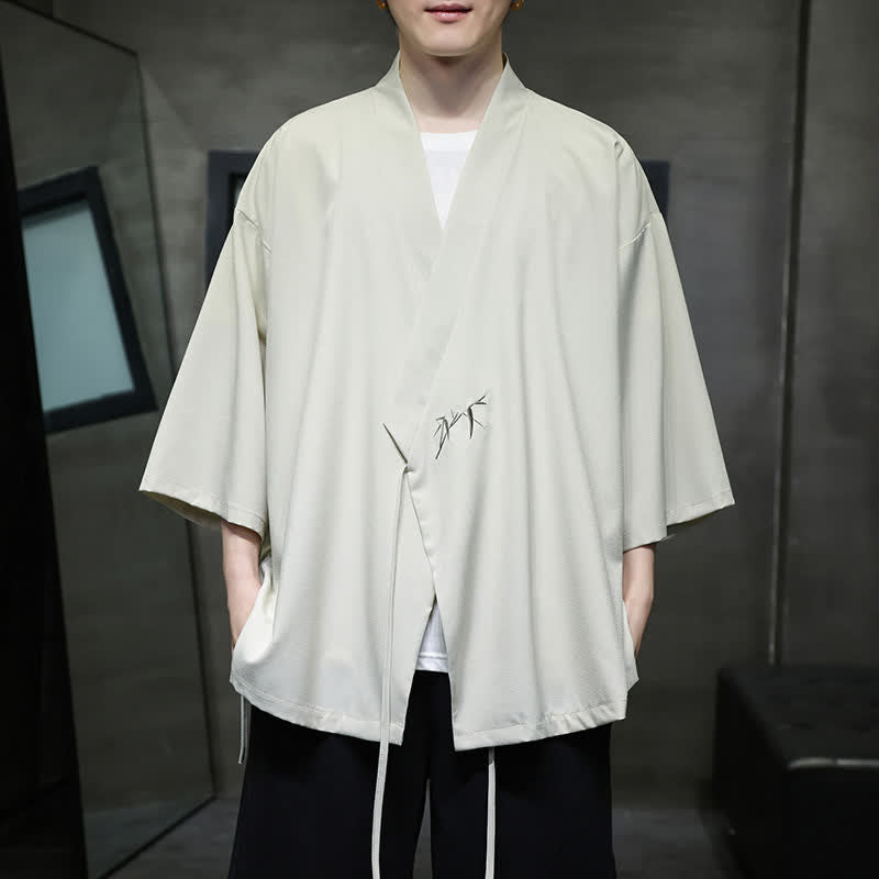 Buddha Stones Kimono d'été minimaliste à cordon de serrage en bambou uni, manches trois-quarts, style Tang, pour homme - Beige - US/UK/AU46, EU56 (5XL) - image 0
