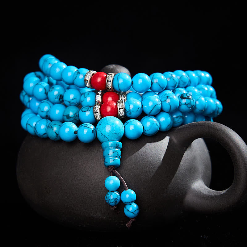 Buddha Stones Mala de protection tibétaine ronde en turquoise, composée de 108 perles - 8 mm - image 0