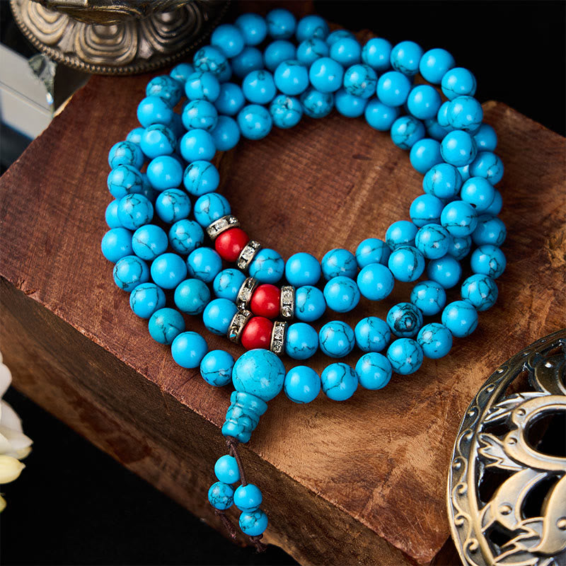 Buddha Stones Mala de protection tibétaine ronde en turquoise, composée de 108 perles - image 1