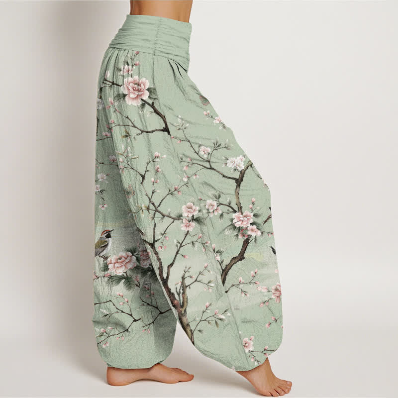 Buddha Stones Pantalon harem à taille élastique pour femme, en coton à motif de fleurs de cerisier et d'oiseaux - image 1