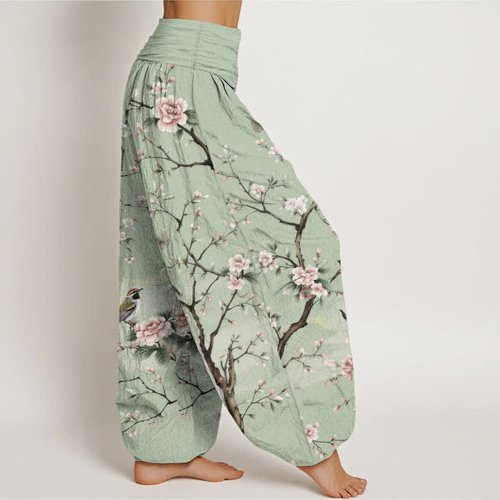 Buddha Stones Pantalon harem à taille élastique pour femme, en coton à motif de fleurs de cerisier et d'oiseaux - image 1