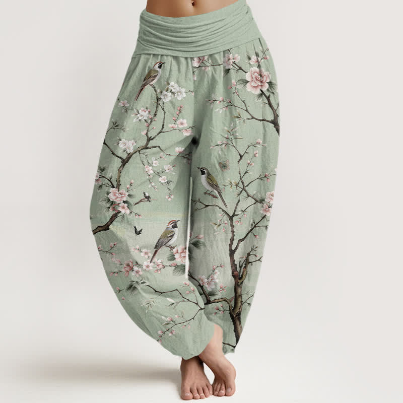 Buddha Stones Pantalon harem à taille élastique pour femme, en coton à motif de fleurs de cerisier et d'oiseaux - Vert clair - US16，UK/AU20，EU48 (3XL) - image 0