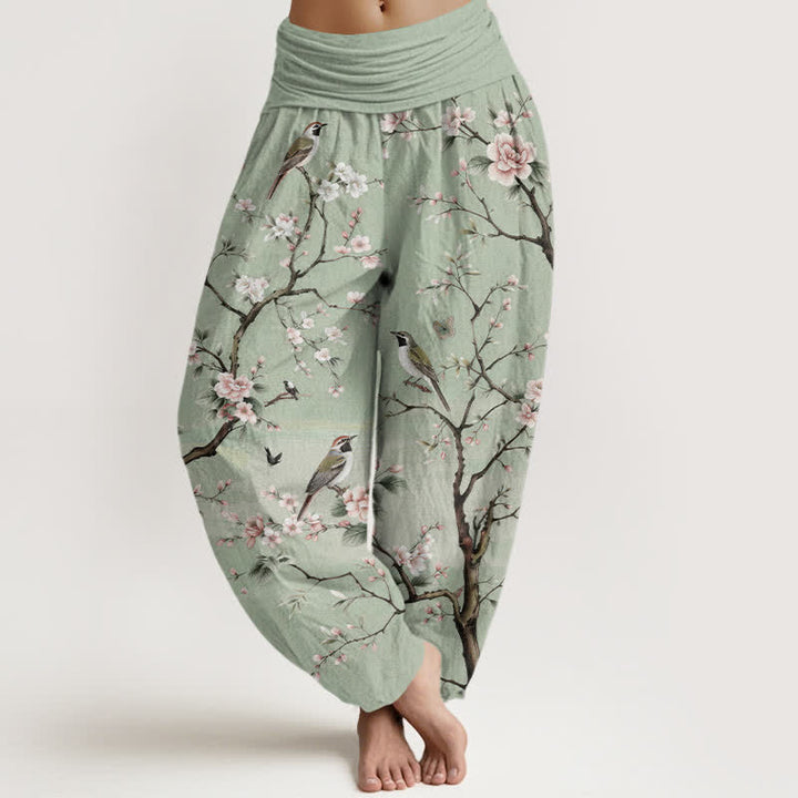 Buddha Stones Pantalon harem à taille élastique pour femme, en coton à motif de fleurs de cerisier et d'oiseaux - Vert clair - US16，UK/AU20，EU48 (3XL) - image 0