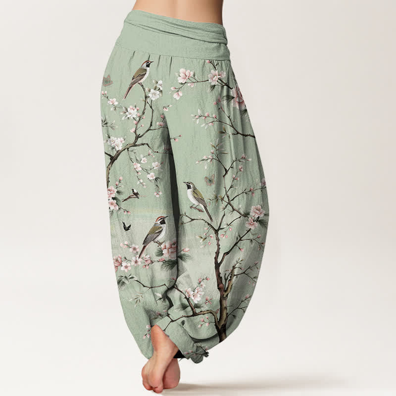 Buddha Stones Pantalon harem à taille élastique pour femme, en coton à motif de fleurs de cerisier et d'oiseaux - image 2