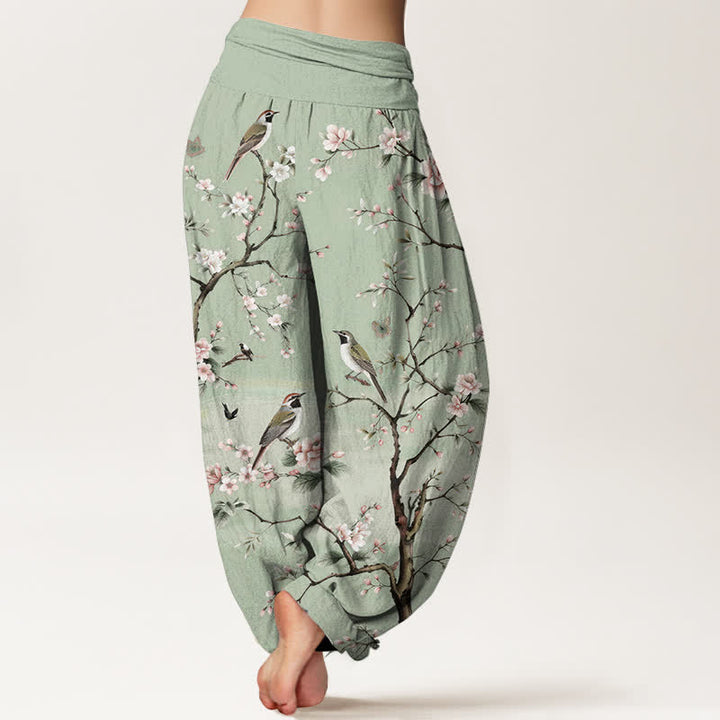 Buddha Stones Pantalon harem à taille élastique pour femme, en coton à motif de fleurs de cerisier et d'oiseaux - image 2