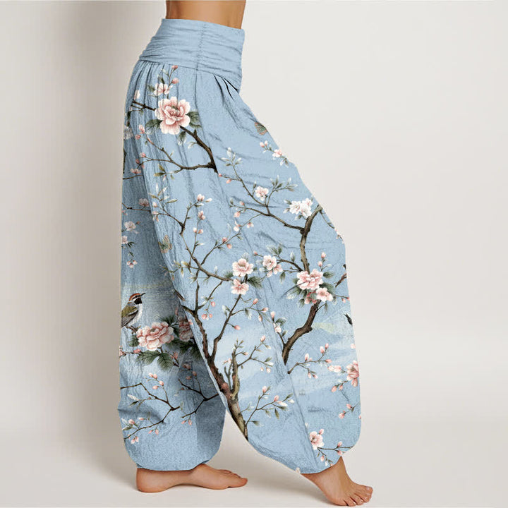 Buddha Stones Pantalon harem à taille élastique pour femme, en coton à motif de fleurs de cerisier et d'oiseaux - image 6