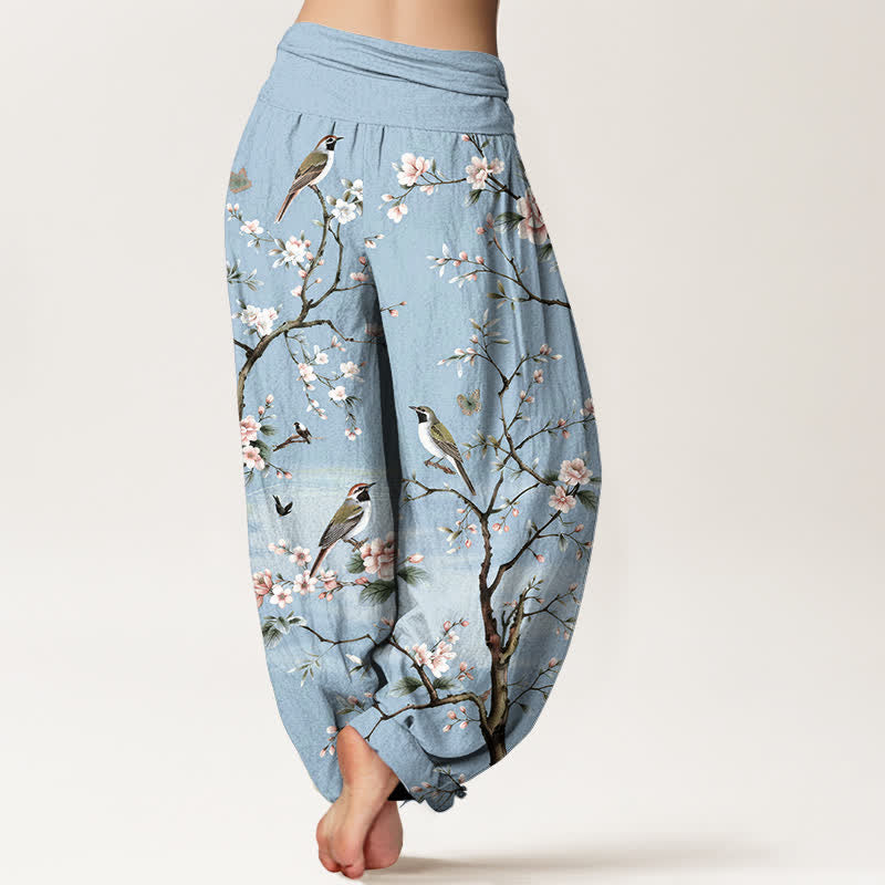 Buddha Stones Pantalon harem à taille élastique pour femme, en coton à motif de fleurs de cerisier et d'oiseaux - image 7