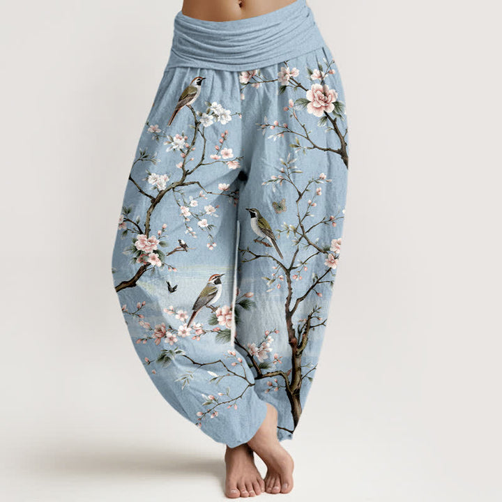 Buddha Stones Pantalon harem à taille élastique pour femme, en coton à motif de fleurs de cerisier et d'oiseaux - Bleu poudré - US16，UK/AU20，EU48 (3XL) - image 5