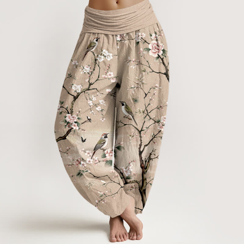 Buddha Stones Pantalon harem à taille élastique pour femme, en coton à motif de fleurs de cerisier et d'oiseaux - BurlyWood - US16，UK/AU20，EU48 (3XL) - image 8