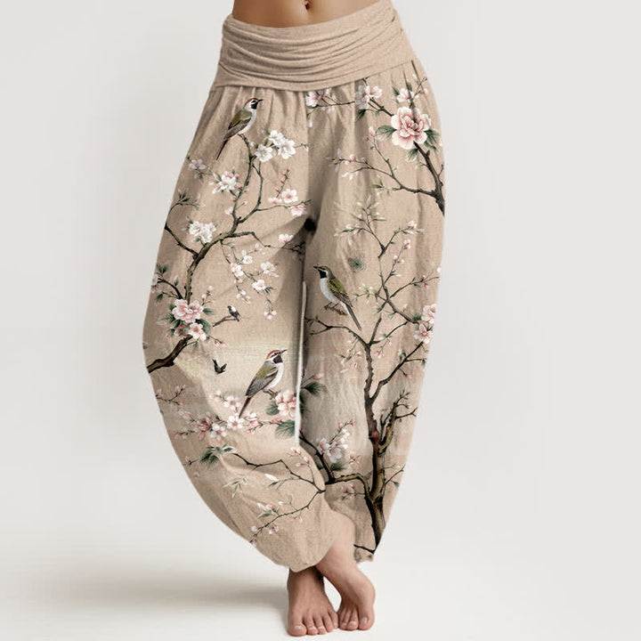 Buddha Stones Pantalon harem à taille élastique pour femme, en coton à motif de fleurs de cerisier et d'oiseaux - BurlyWood - US16，UK/AU20，EU48 (3XL) - image 8