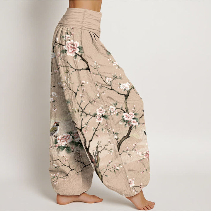 Buddha Stones Pantalon harem à taille élastique pour femme, en coton à motif de fleurs de cerisier et d'oiseaux - image 9