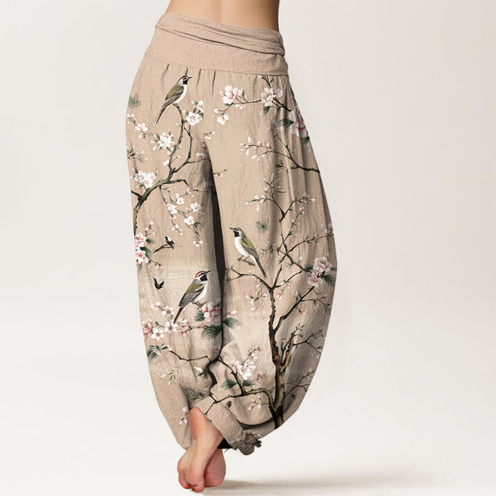 Buddha Stones Pantalon harem à taille élastique pour femme, en coton à motif de fleurs de cerisier et d'oiseaux - image 10