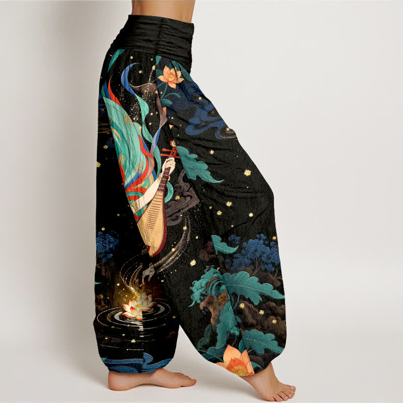 Buddha Stones Pantalon harem à taille élastique pour femme, motif lotus et musicien céleste en coton - image 1