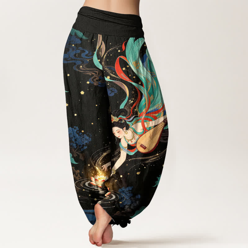 Buddha Stones Pantalon harem à taille élastique pour femme, motif lotus et musicien céleste en coton - image 2